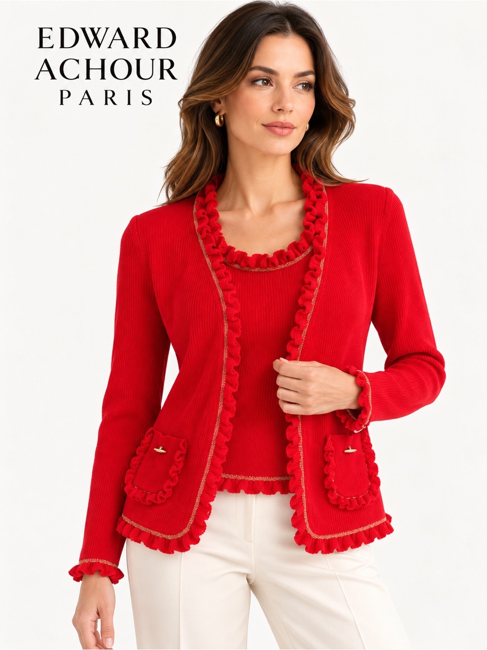 Edward Achour Paris Rare Red Ruffle Knit Cardigan Jacket size 8 (42)